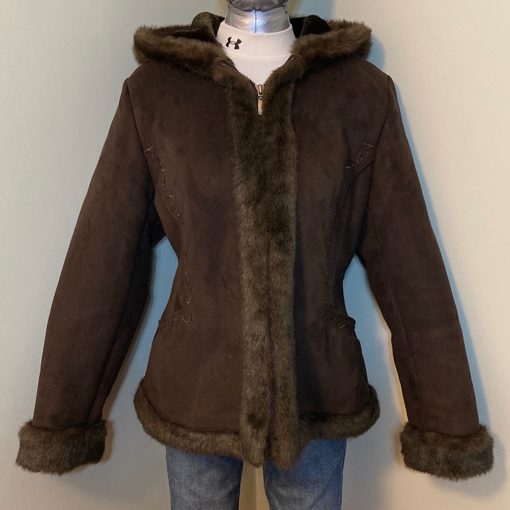 Sonoma Dark Brown Faux Fur Trim Hooded Coat